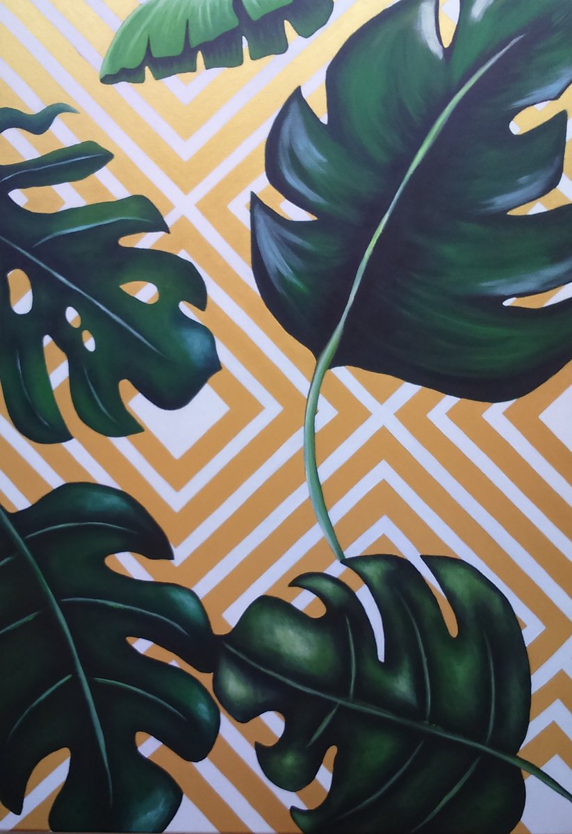 Still Life Acrylic Painting By Christina Bilbili, 28 X 39, Golden Tropical, Original Artwork