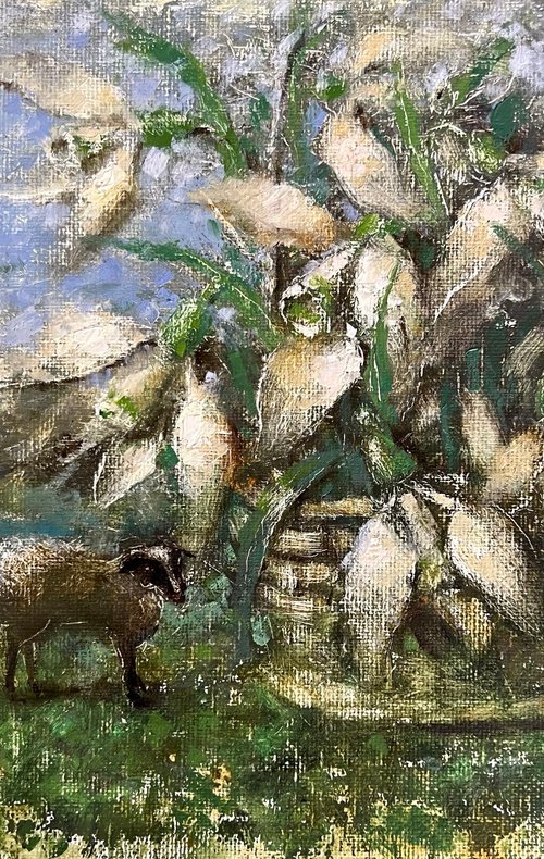 Sheep Snowdrops Pastoral Landscape by Yulia Odukalets