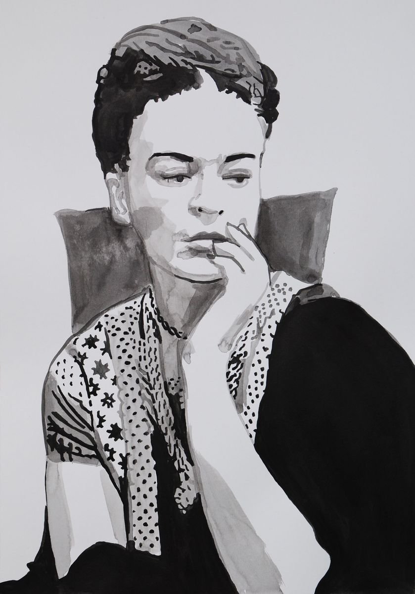 Urban And Pop Portrait Ink Drawing By Alexandra Djokic, 14 X 20, Frida, Original Artwork