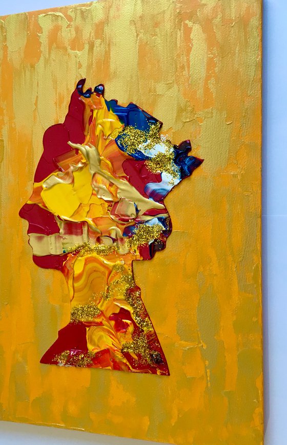 Queen Elizabeth abstract portrait #109 on gold and yellow Royal Standard colours, inspired by Queen Elizabeth II