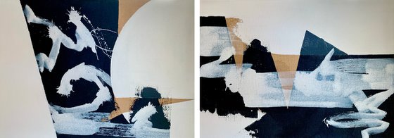 Abstraction No. 4422 XXL black & white minimalism - set of 2