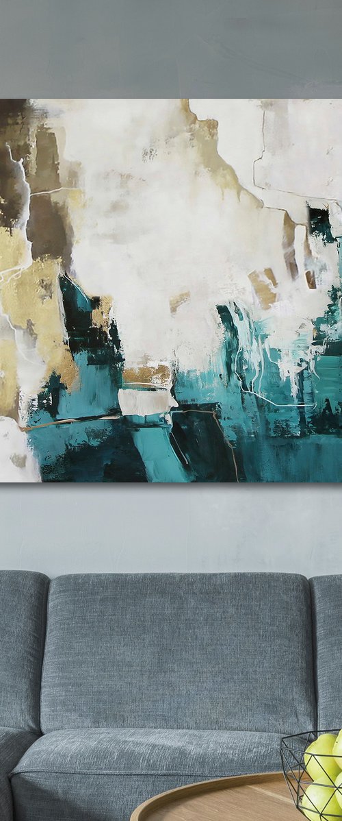 "Teal Flash 2" Abstract teal gold acrylic art by Yana Sagan