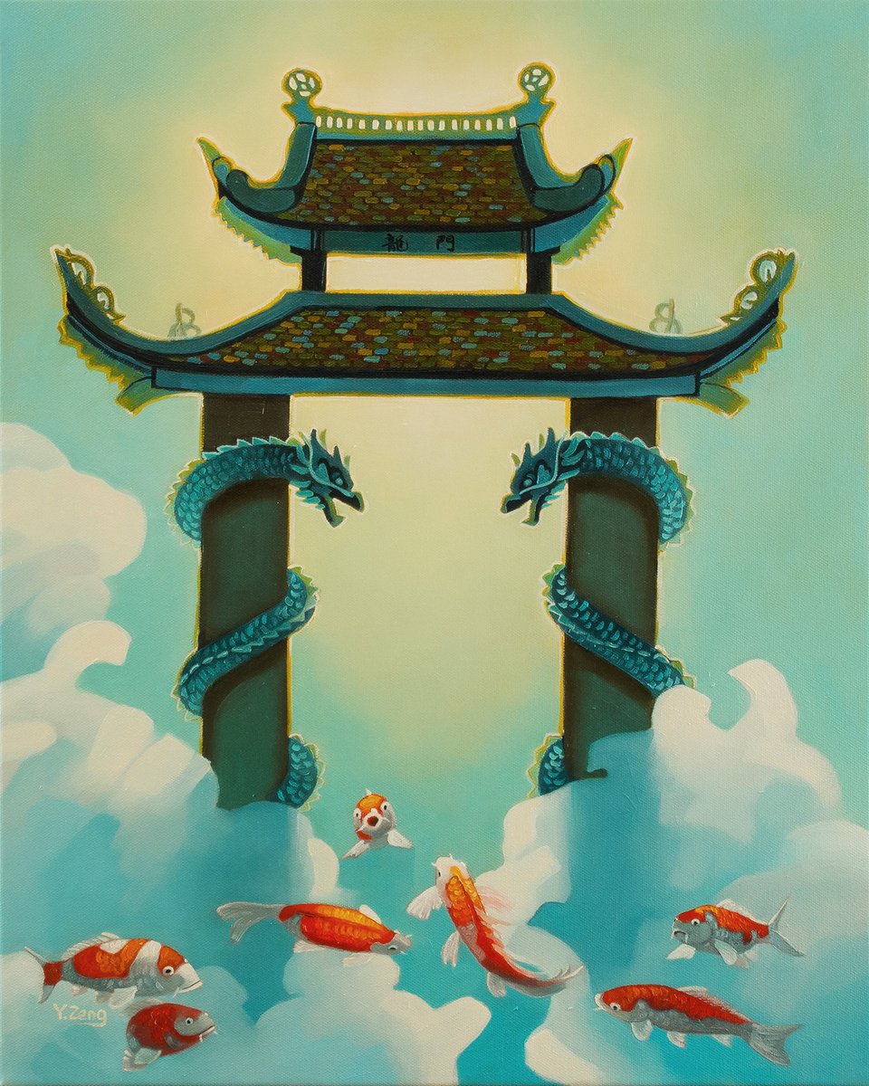 Surrealistic Animal Oil Painting By Yue Zeng, 16 X 20", Dragon Gate, Original Artwork