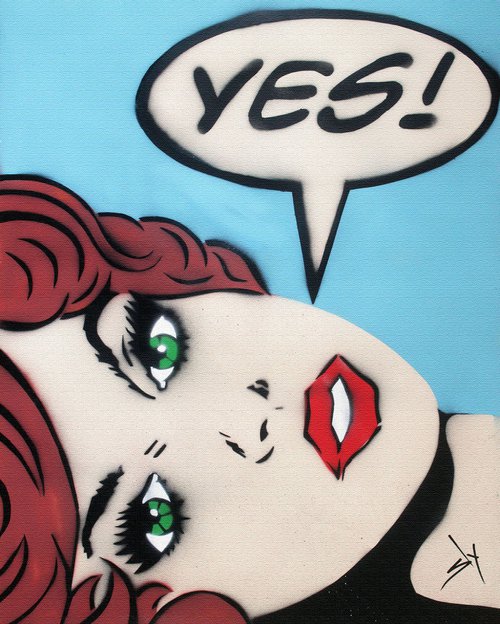 "YES!" (Brunette, blue) (on an Urbox). by Juan Sly