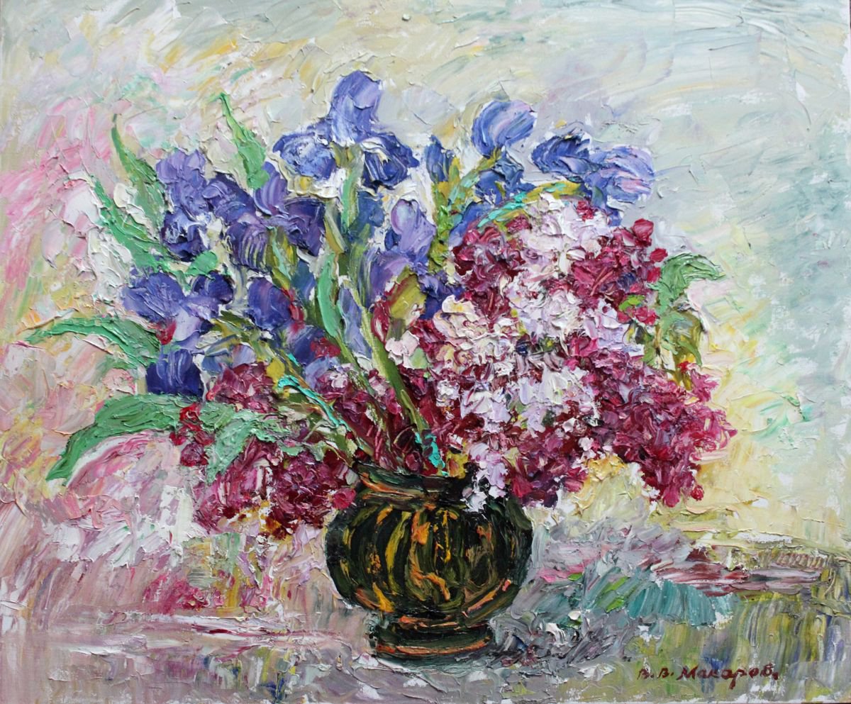 Irises and lilacs still life. by Viktor Makarov
