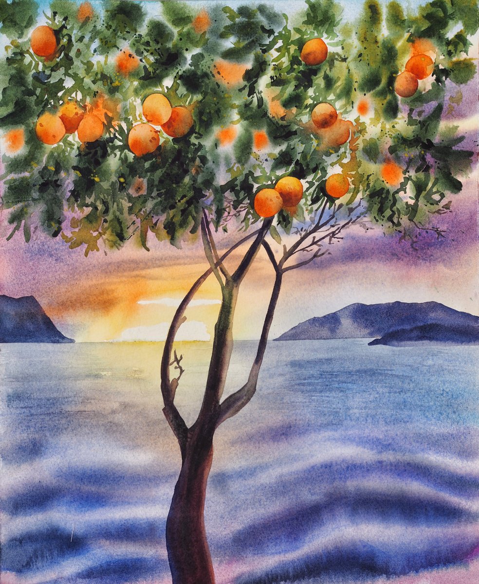 Mediterranean sunset with oranges tree - original watercolor by Delnara El