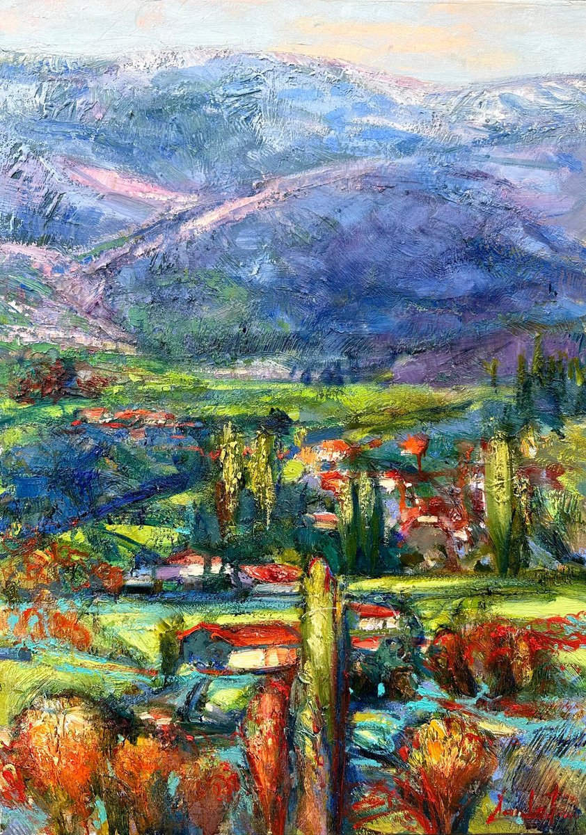 Impressionistic Landscape Oil Painting By Khanlar Asadullayev, 20 X 28", The Village Song, Original Artwork