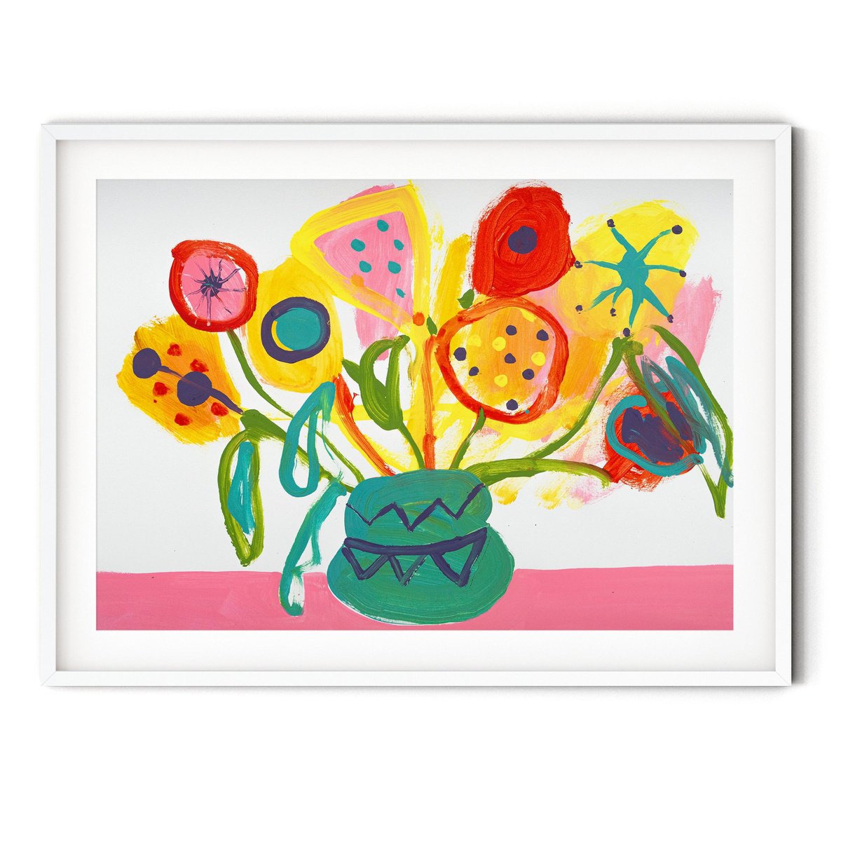 Expressive Botanical Acrylic Painting By Suzie Cumming, 23 X 17", Spikey Flowers On Pink Cloth, Original Artwork