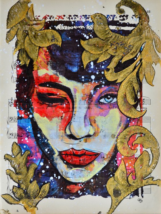 Wink - Golden Flowers - Collage Art on Vintage Sheet Music Page