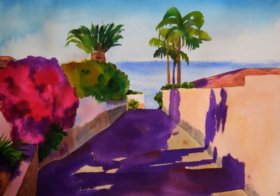 Spanish watercolor painting Road to the sea on Canary Islands
