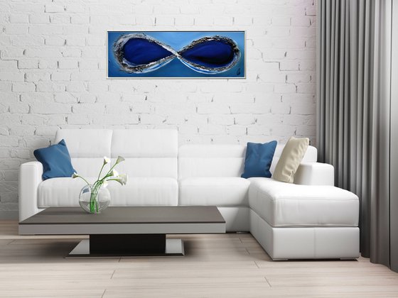 Blue Infinity - abstract acrylic painting, canvas wall art, blue, black, white gold, framed modern art