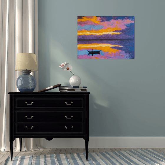 Silence - colorful evening on the lake; sunset; home, office décor