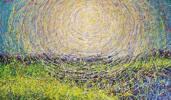 Sunsine Large painting Light green Yellow landscape Sun in the sky Abstract Sunshine painting