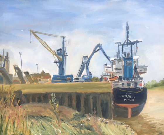 Unloading a ship Dockside, An original plein air oil painting