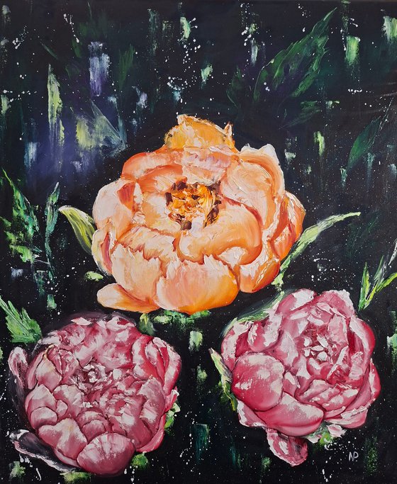 Midnight bloom, floral peonies painting
