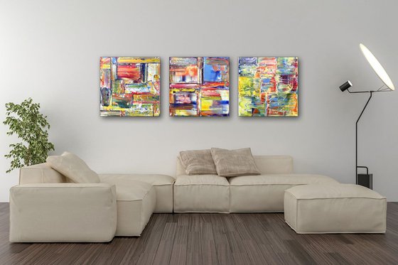 "Three's A Crowd" - FREE USA SHIPPING - Original Large PMS Abstract Triptych Oil Paintings On Canvas - 60" x 20"