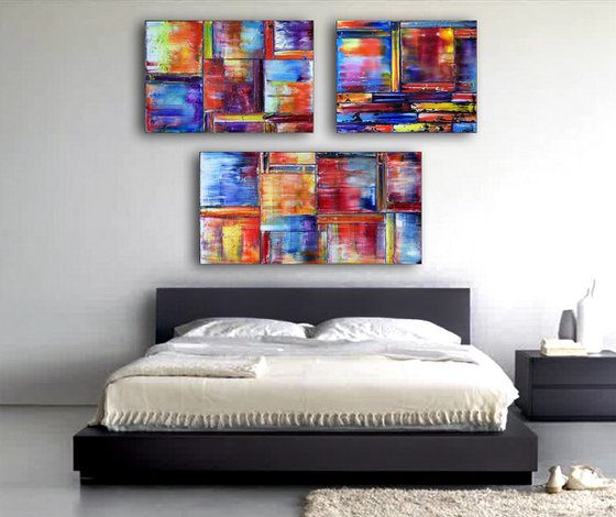 "Triplets" - Save As Series - Original Extra Large PMS Abstract Triptych Oil Paintings On Canvas - 66" x 48"