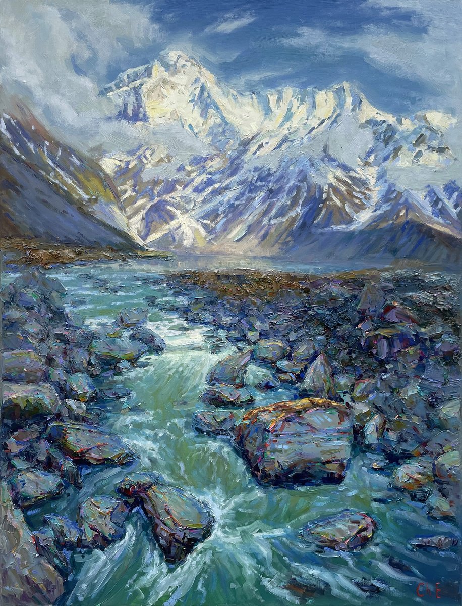 Impressionistic Landscape Oil Painting By Evgeny Chernyakovsky, 30 X 39, Mountain River, Original Artwork