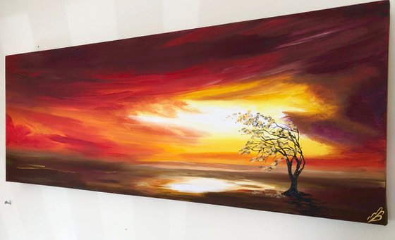 Abstract Red Sunrise on a Panoramic Canvas