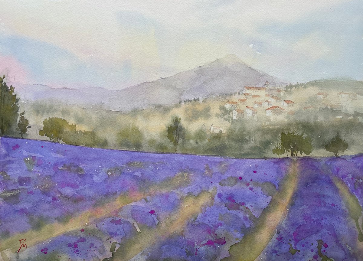 Impressionistic Botanical Watercolour By Shelly Du, 16 X 12", Lavender Field In Provence, Original Artwork