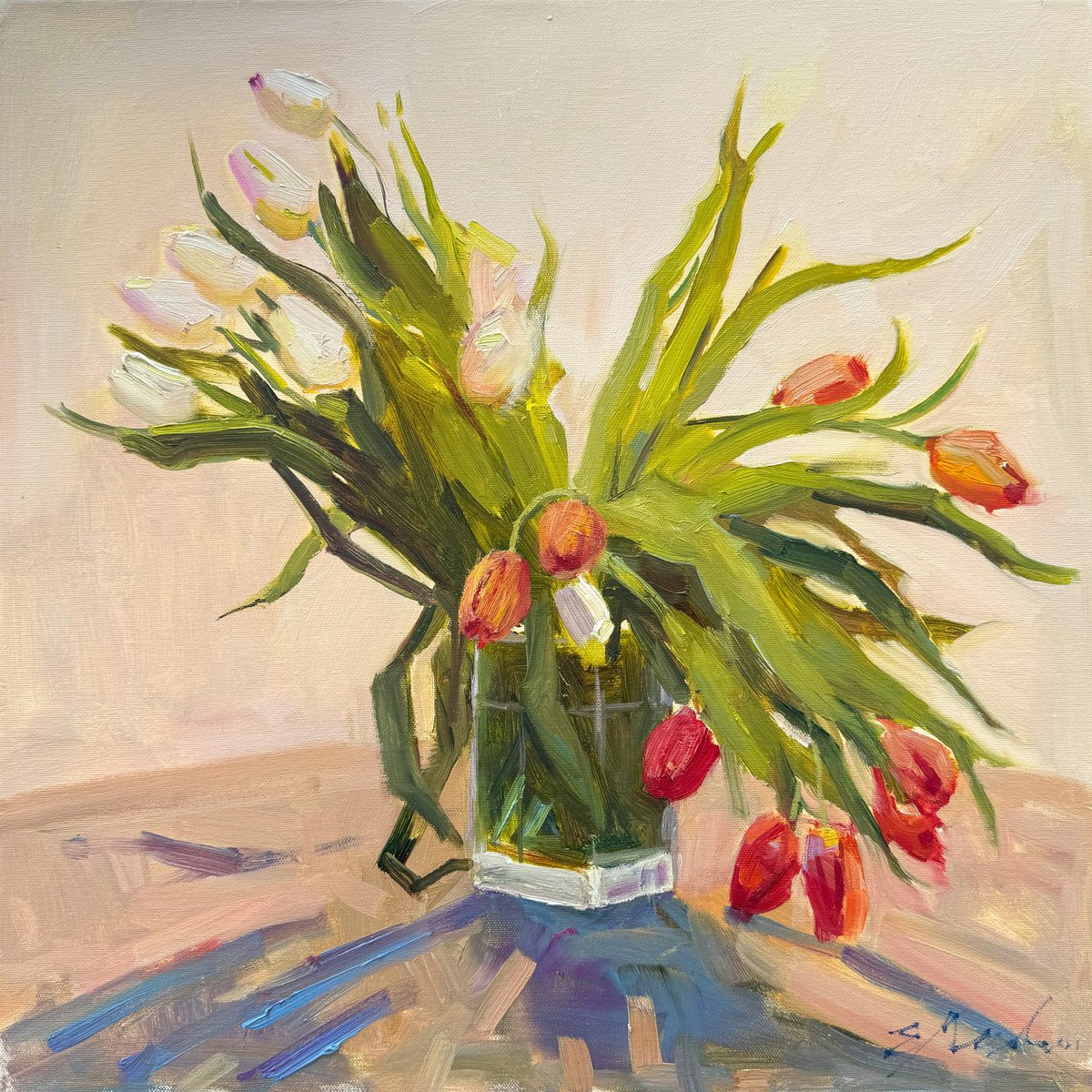 Impressionistic Still Life Oil Painting By Evgeniia Mekhova, 20 X 20, Tulips Still Life, Original Artwork
