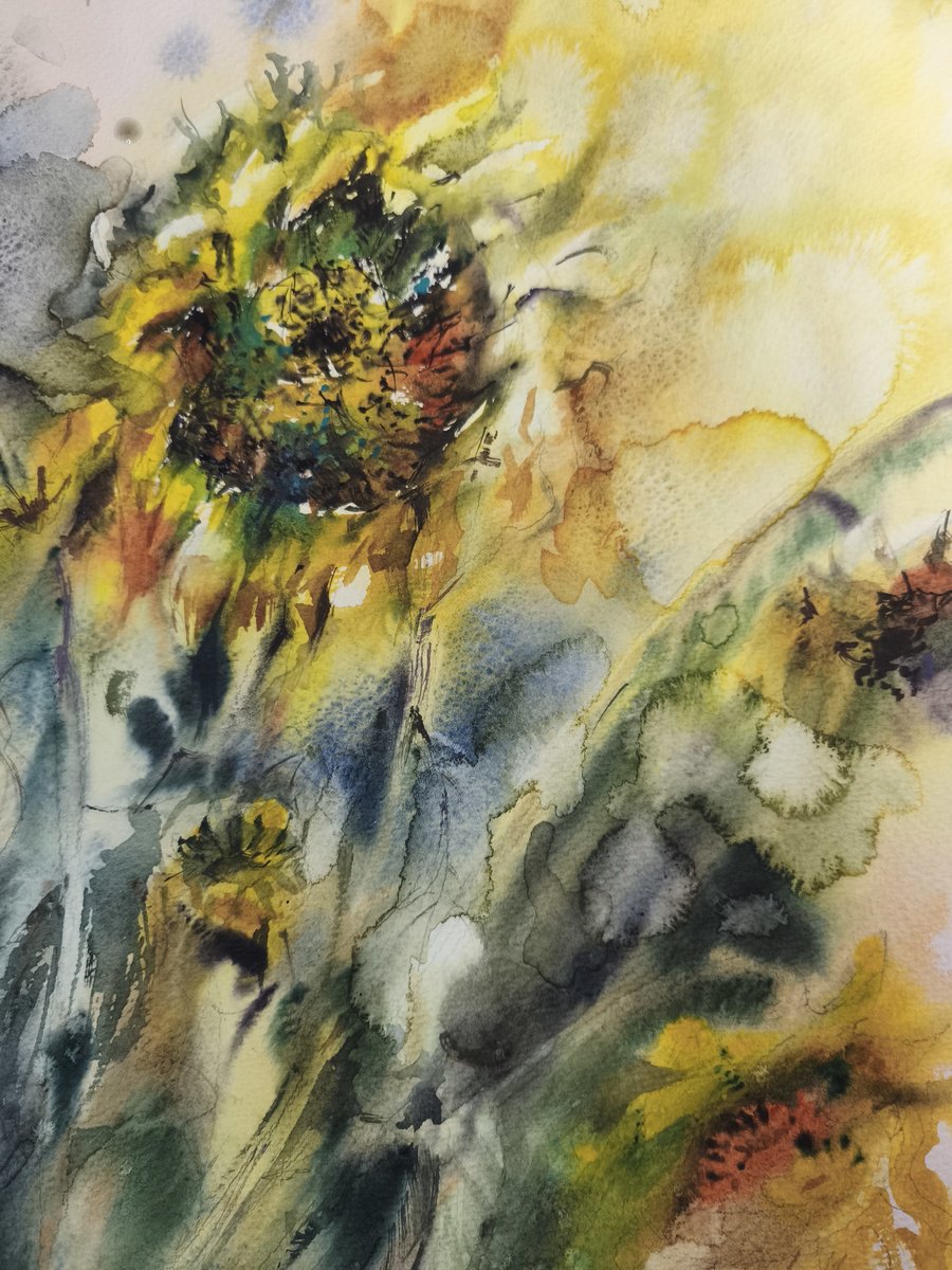 Impressionistic Botanical Watercolour By Olga Drozdova, 15 X 22", Withered Sunflowers, Original Artwork