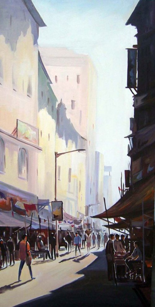 Morning Market Lane-Acrylic on Canvas painting by Samiran Sarkar