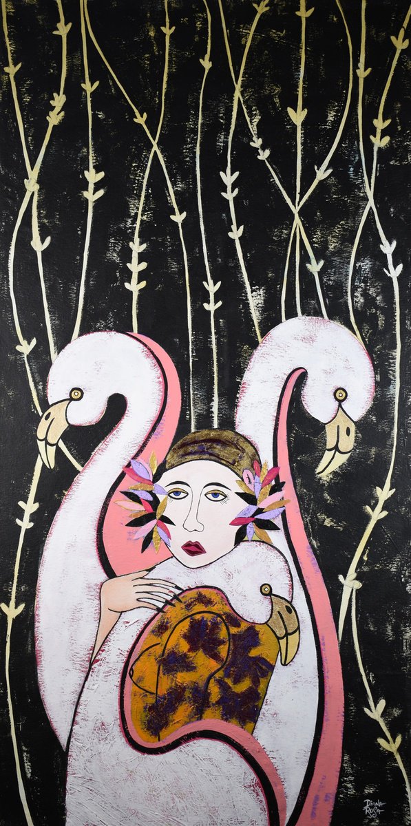 Surrealistic Portrait Acrylic Painting By Diana Rosa, 24 X 48, Woman And Flamingo, Original Artwork