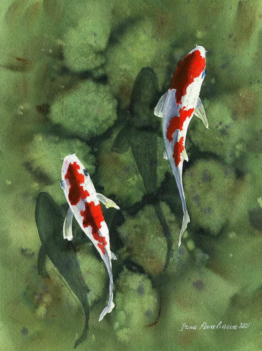 Koi carps in the pond original watercolor painting, stones in water, green water, fish art... by Irina Povaliaeva