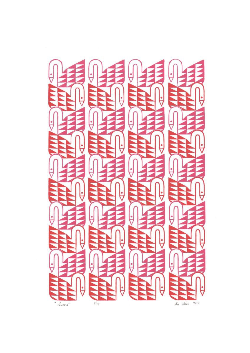 Swans in Pink and Red - Unframed - FREE Worldwide Delivery by Lu West