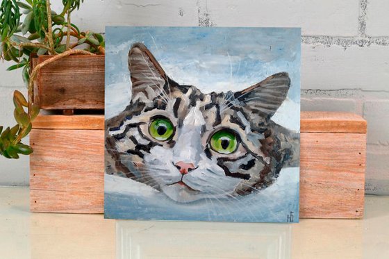 Tabby Cat Painting Pet Original Art Grey Cat Portrait Artwork Funny Animal Wall Art