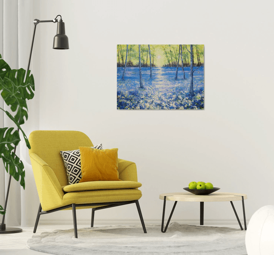 Blue Tranquility (Large Bluebell Woods painting, large trees painting)