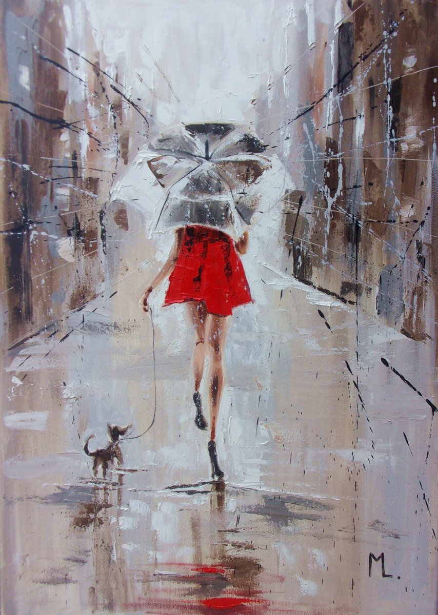 Impressionistic Portrait Oil Painting By Monika Luniak, 20 X 28", " Street In The Rain With Umbrella", Original Artwork