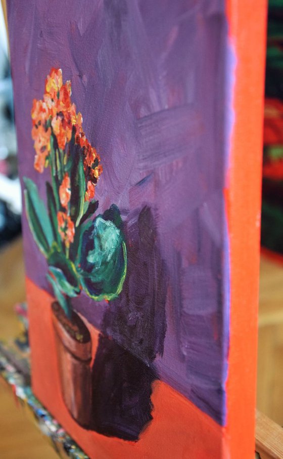 Acrylic painting Flower Kalanchoe, violet and orange
