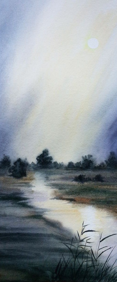 River painting landscape - ser by Olga Beliaeva Watercolour