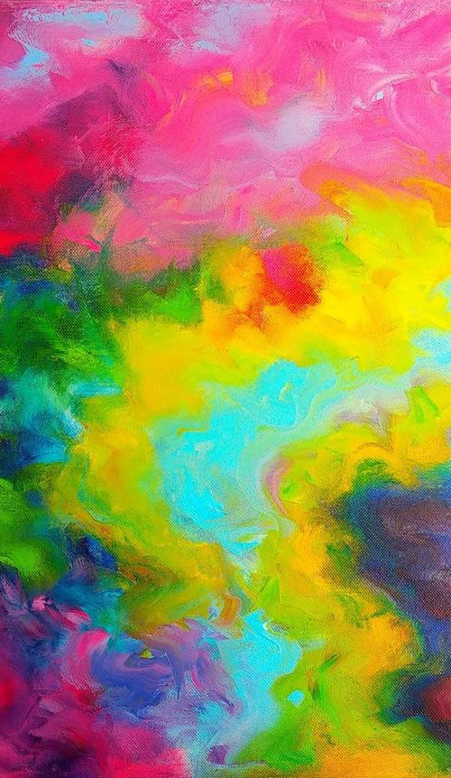 Abstract Art Colourful Expressive Painting Rainbow Waves Blue Pink Yellow Red by Anastasia Art Line