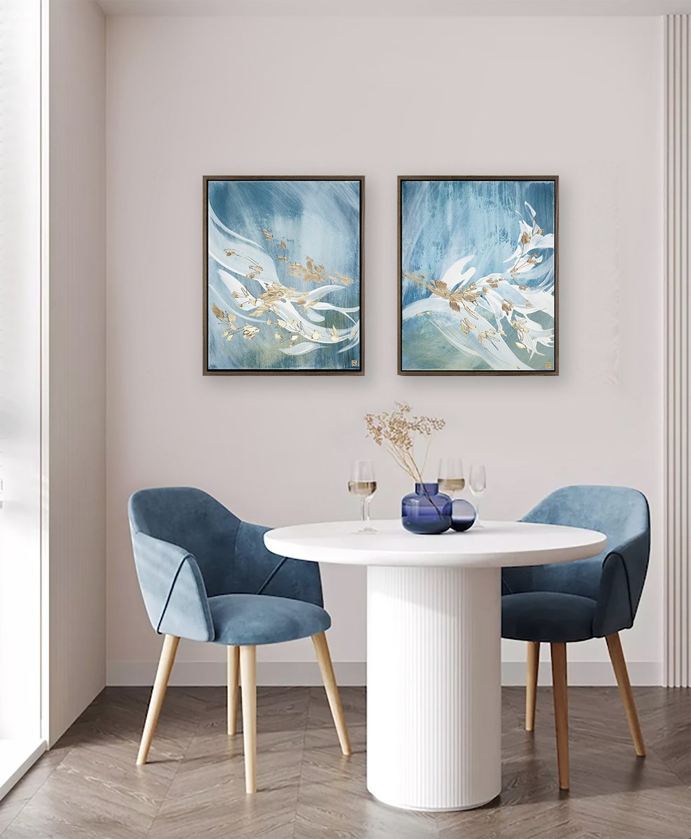 Abstract Acrylic Painting By Novi Lim, 37 X 22", Silver Linings Diptych, Original Artwork