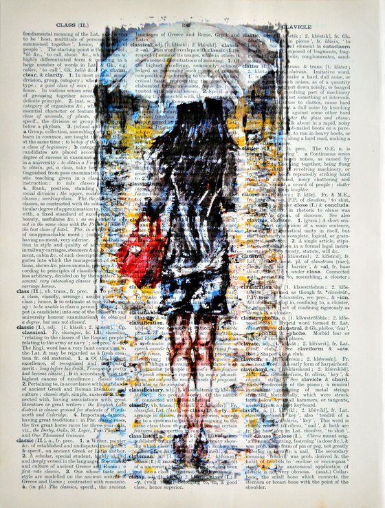 White Umbrella 2 - Collage Art on Large Real English Dictionary Vintage Book Page