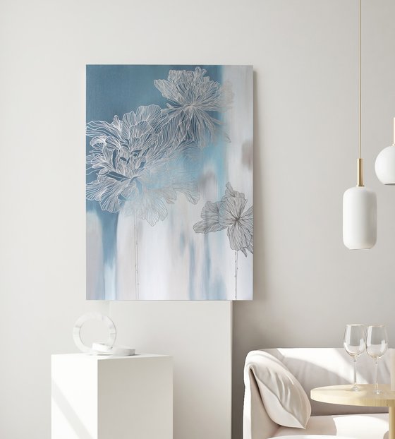 "Silver Thinness 2" Floral blue silver art