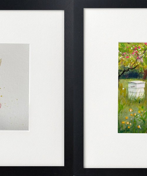 Two bee scenes framed by Teresa Tanner