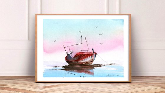 Old boat on the river original watercolor artwork, shallow boat, boat at sunset, red and blue watercolor, living room decor, decor for business, gift for friend