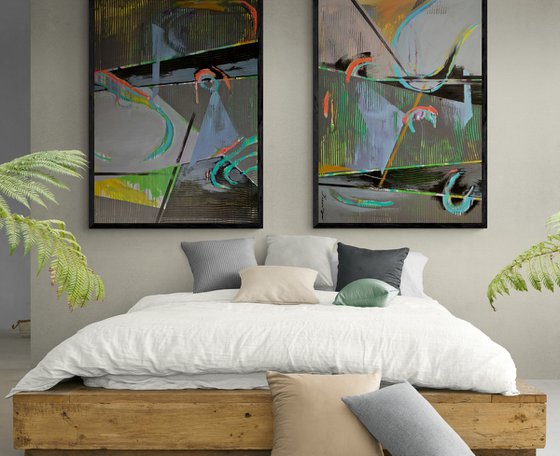 Super Big Abstract - "Space abstract" - Diptych - Geometric abstract - 90x260cm