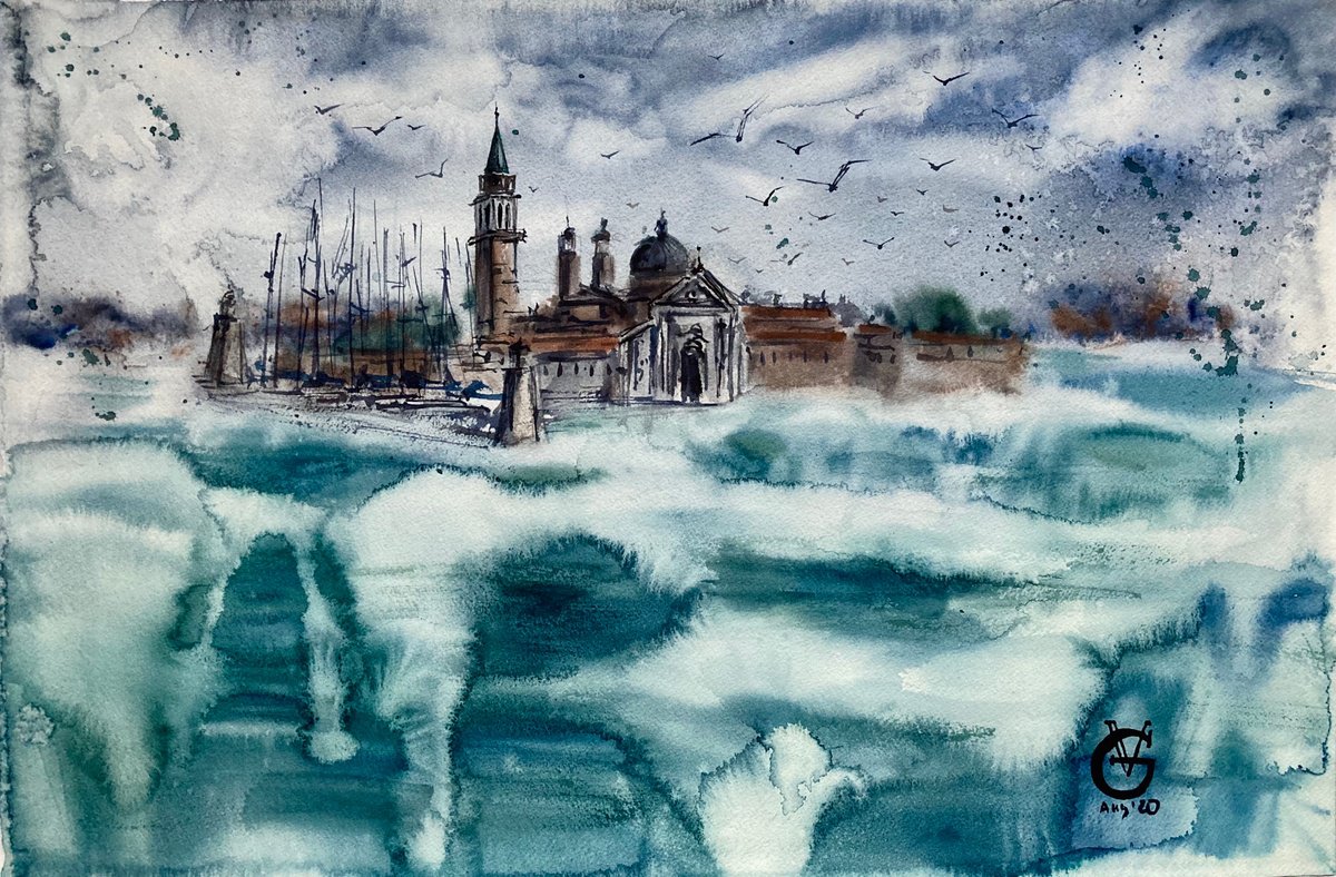 Impressionistic Landscape Watercolour By Valeria Golovenkina, 22 X 15", Foggy Venice, Original Artwork