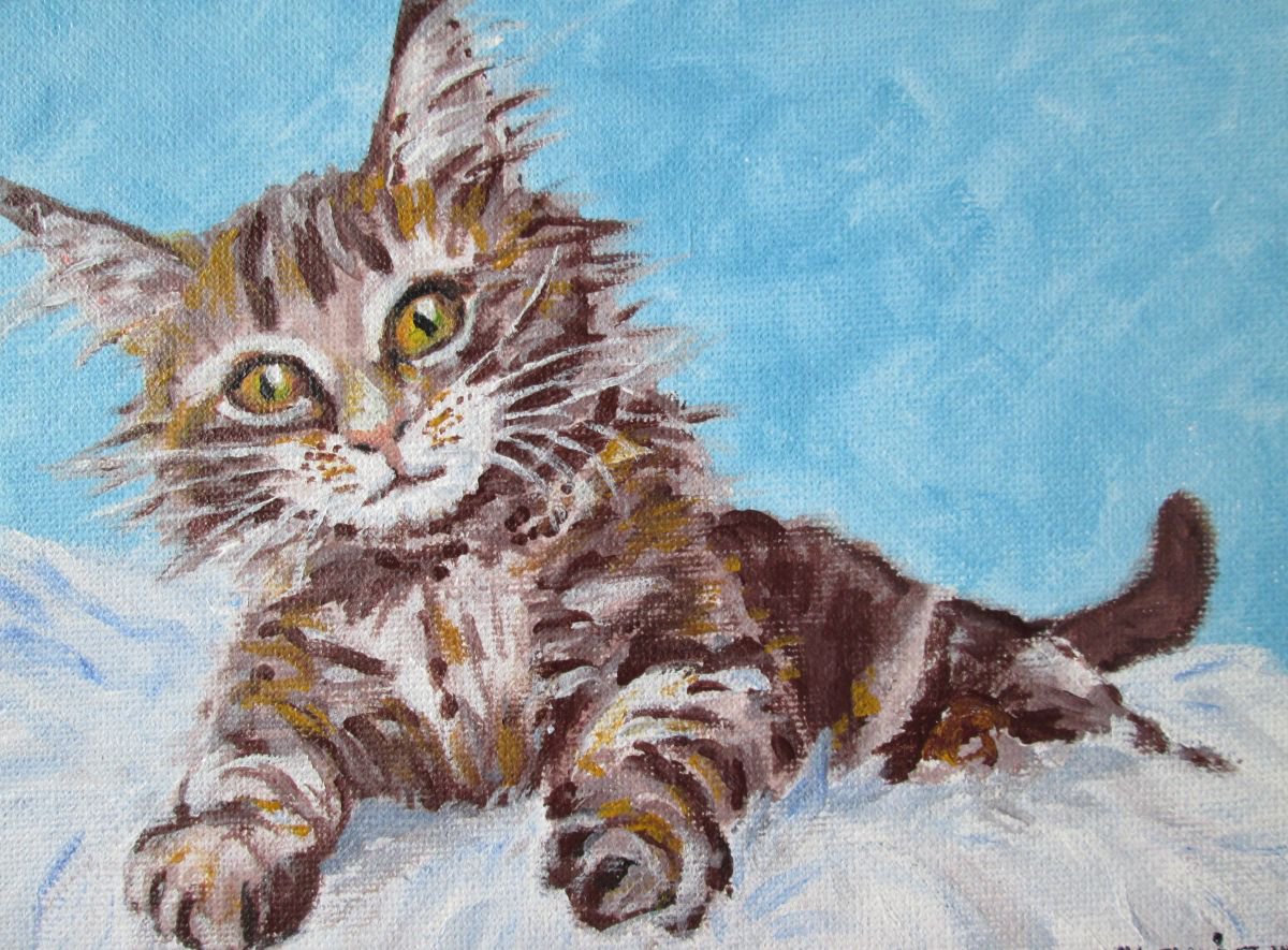 KITTEN LITTLE, Cat, baby animal, 7x5inch original acrylic by MARJANSART