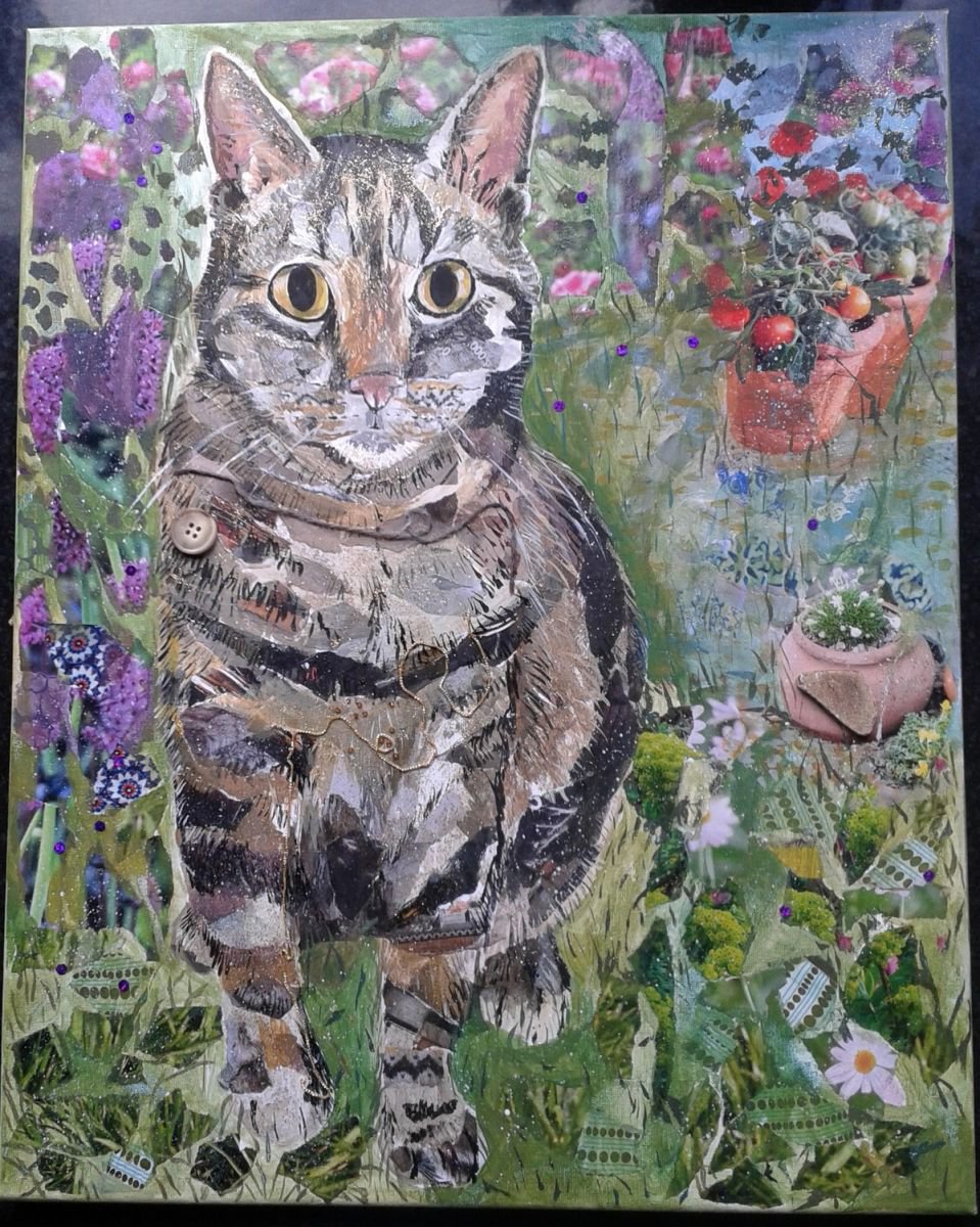 Animal Collage By Fiona Plaisted, 16 X 20, Cat In The Garden, Original Artwork
