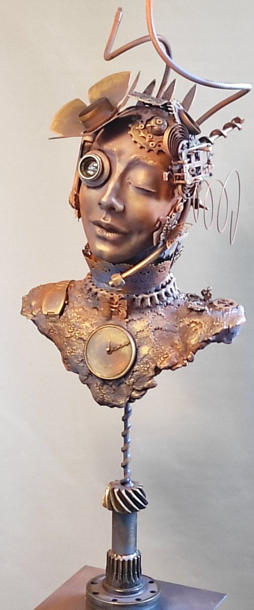 "Steam Punk Lady" Unique mixed media sculpture 90x35z30cm. by Elena Kraft