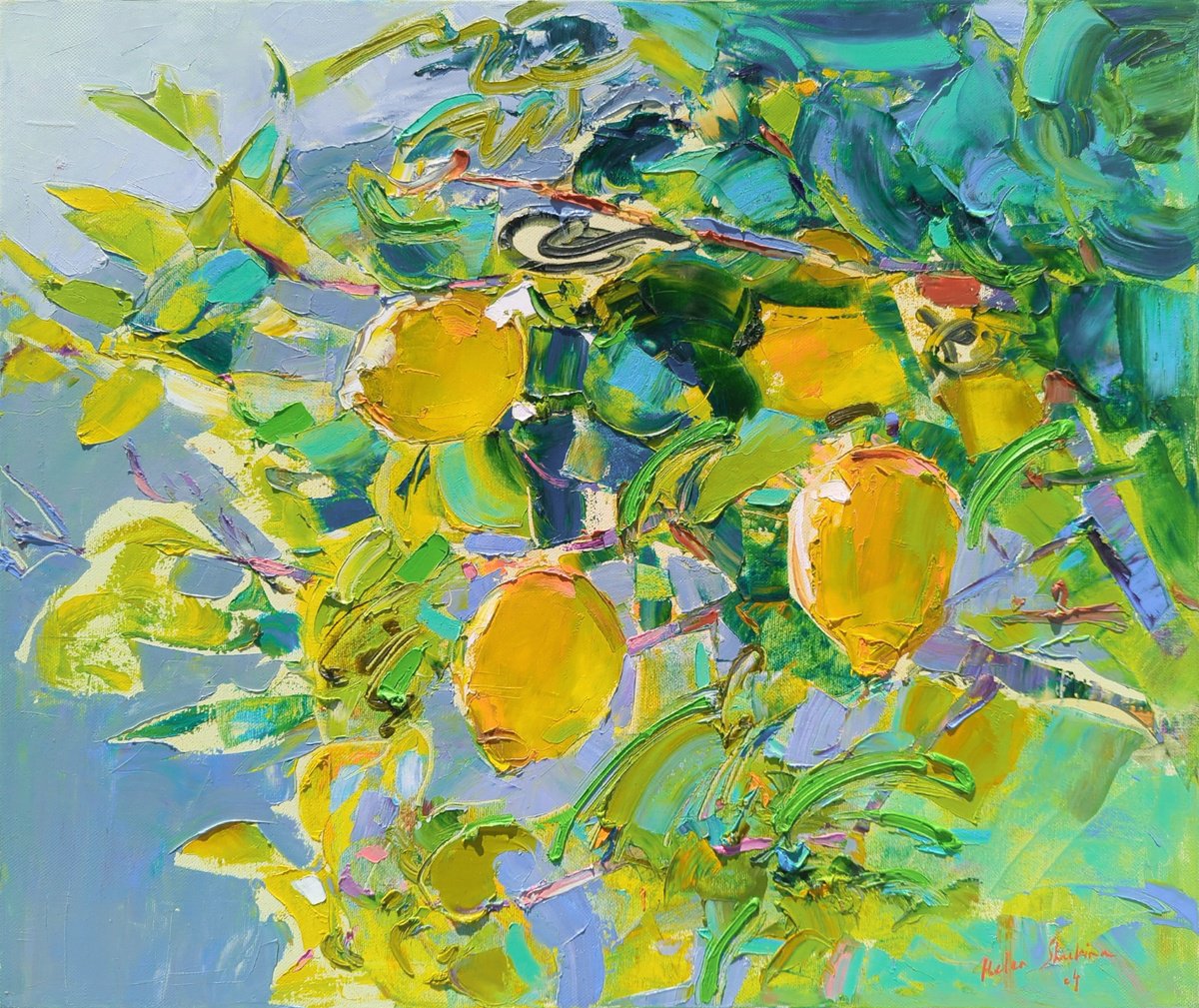 Expressive Botanical Oil Painting By Helen Shukina, 24 X 20, Sunny Lemons, Original Artwork