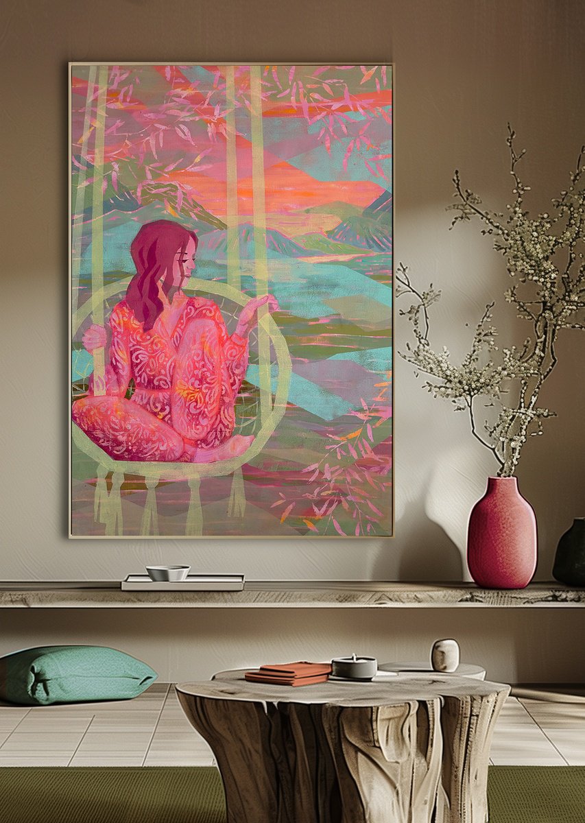 Illustrative Portrait Acrylic Painting By Ekaterina Prisich, 35 X 55, In A Swing Above The Hills, Original Artwork