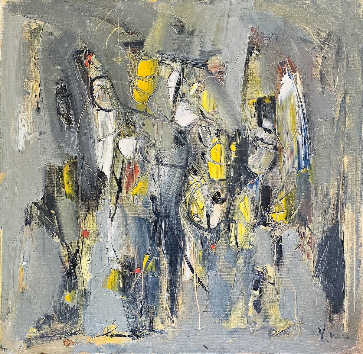 Abstract Oil Painting By Vlas Ayvazyan, 28 X 28", Grey Symphony, Original Artwork