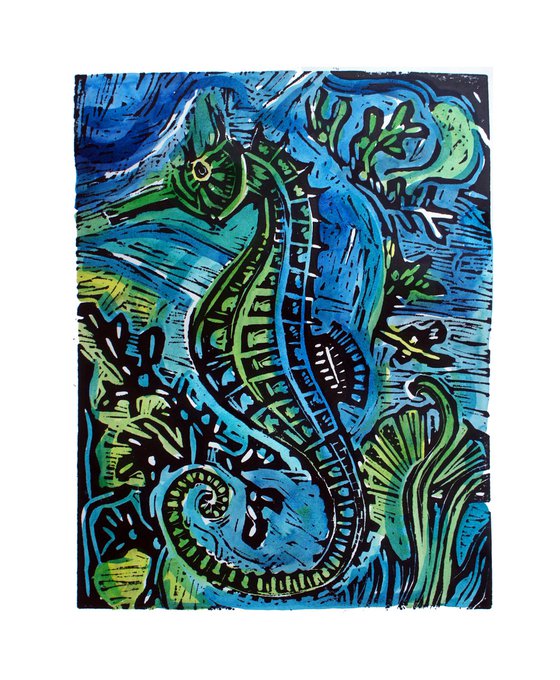 Seahorse Lino print - hand coloured